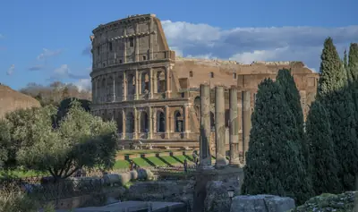 The Colosseum rising behind trees near the Roman Forum