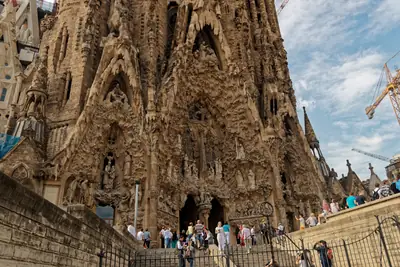 The Nativity Façade of the Sagrada Família seen from Plaça de Gaudí